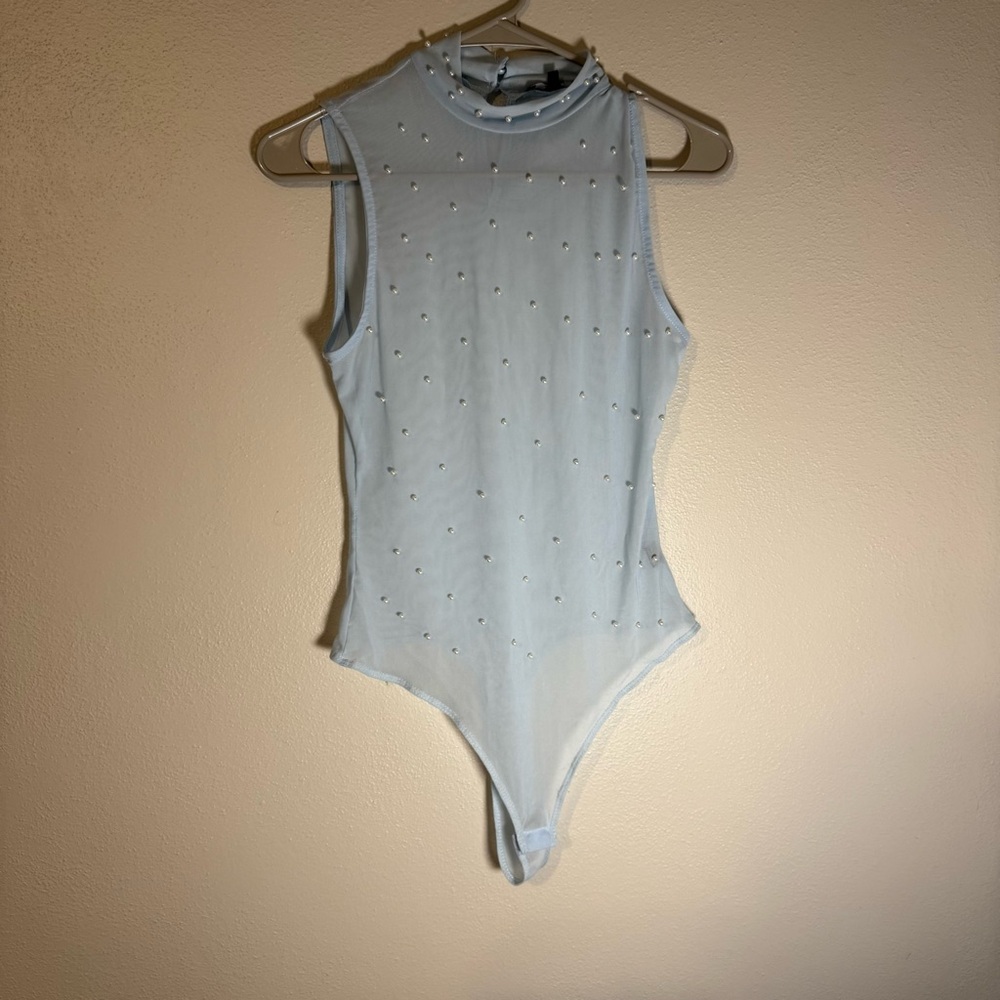 Light Blue Sleeveless Bodysuit with Rhinestones